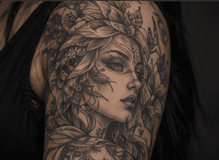 Sample gallery image: black and grey portrait tattoo with ornamental florals on an arm