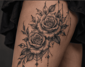 Sample gallery image: black and grey rose tattoo on an arm