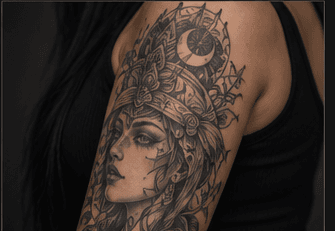 Sample gallery image: ornamental woman portrait tattoo with moon details on an arm