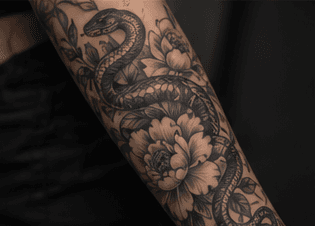 Sample gallery image: snake and peony black and grey tattoo on a forearm