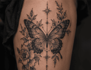 Sample gallery image: butterfly with florals black and grey tattoo on an arm