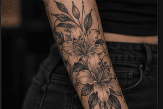 Sample gallery image: lily floral black and grey tattoo on a forearm